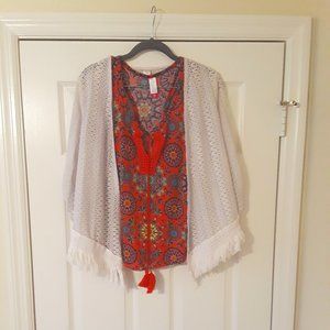 Red Designed Top With Fringed White Cardigan